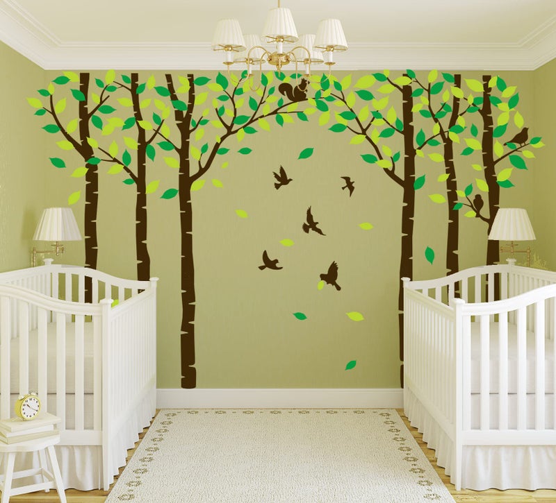 MAFENT Giant Family Tree Wall Decals Forest Birch Tree Wall Stickers Birds Wall Art for Kids Room Nursery Bedroom Living Room Decoration(Dark Brown and Green) - Image 5